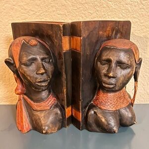 Maasai Couple Vintage Wood Carved Bookends